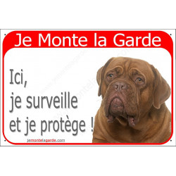 Plaque portail rouge 24 cm, Je Monte la Garde, Dogue de Bordeaux face rouge Tête, pancarte panneau surveille et protège