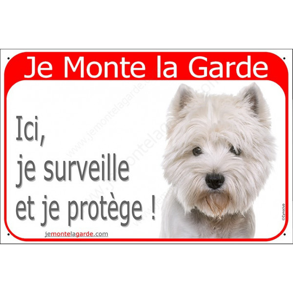 Westie Tête, plaque portail rouge "Je Monte la Garde, surveille et protège" panneau pancarte attention au chien Westy photo