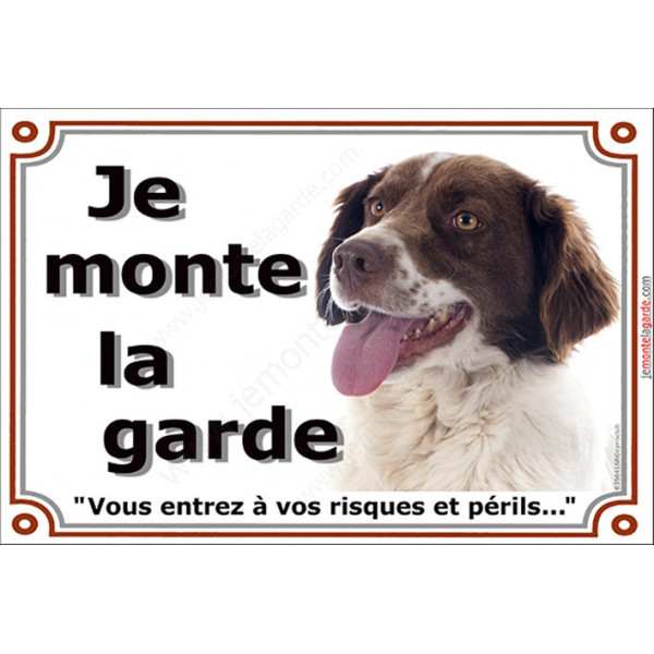 Epagneul Breton marron brun foie Tête , plaque portail "Je Monte la Garde, risques et périls" pancarte panneau attention photo