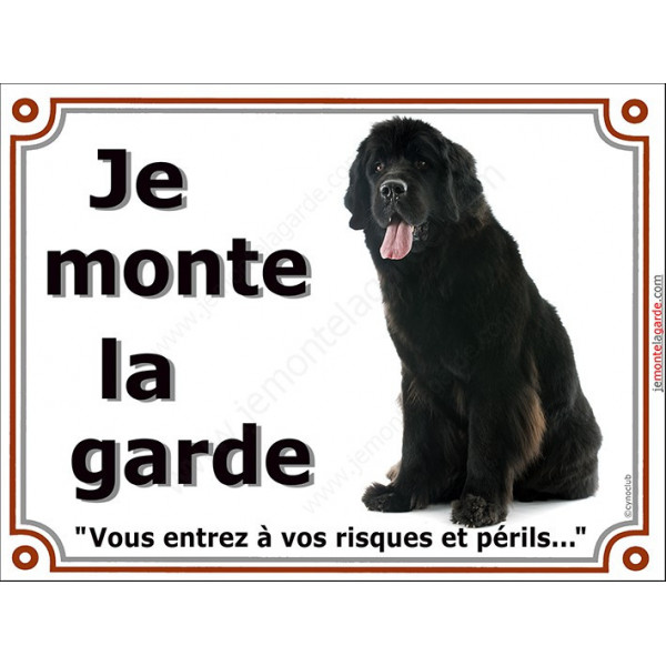 Terre Neuve noir assis, plaque portail "Je Monte la Garde, risques et périls" pancarte panneau photo attention au chien