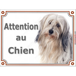 Plaque portail 2 tailles Attention au Chien, Terrier du Tibet fauve poils longs Tête pancarte panneau tibétain sable beige