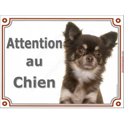 Plaque portail 2 tailles Attention au Chien, Chihuahua marron et beige à poils longs Tête pancarte panneau chocolat brun