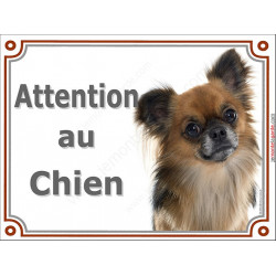Plaque 2 tailles LUXE Attention au Chien, Chihuahua fauve charbonné à poils longs Tête