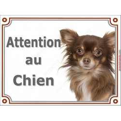 Plaque portail 2 tailles Attention au Chien, Chihuahua chocolat à poils longs Tête pancarte panneau marron