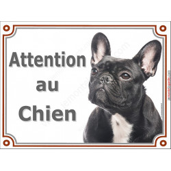 Bouledogue Français noir Bringé Tête, Plaque portail "Attention au chien" panneau photo affiche pancarte