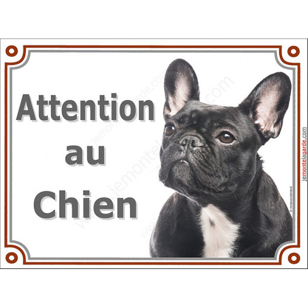 Bouledogue Français Bringé Tête, Plaque portail "Attention au chien" panneau photo affiche pancarte