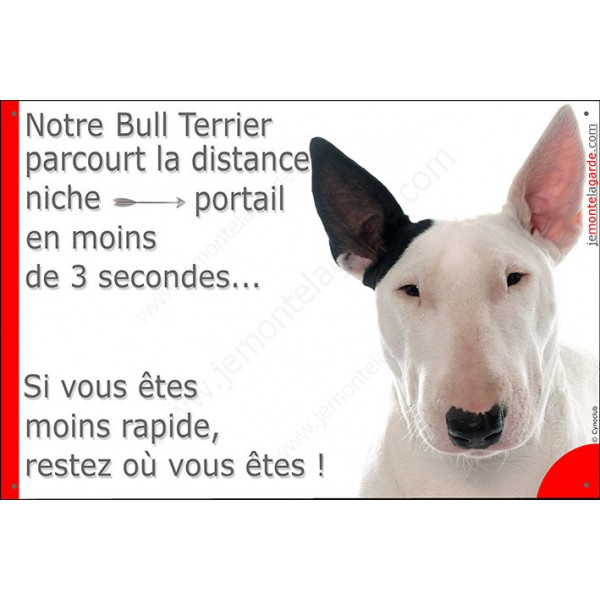 Bull Terrier Blanc oreille noire, plaque humour "parcourt distance Niche-Portail moins 3 secondes, rapide" pancarte photo 
