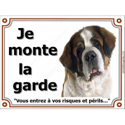 Saint-Bernard Tête, Plaque portail Je Monte la Garde, panneau affiche pancarte, risques périls St-Bernard attention au chien