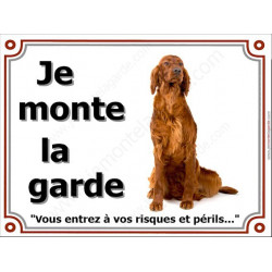 Setter Irlandais, Pancarte portail "Je monte la garde, risques périls" plaque panneau rouge marron assis attention au chien