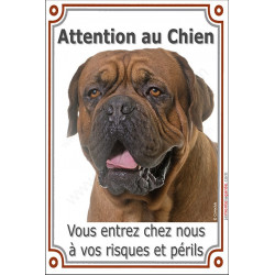 Dogue de Bordeaux masque noir, plaque portail verticale "Attention au Chien, risques et périls" pancarte photo face panneau
