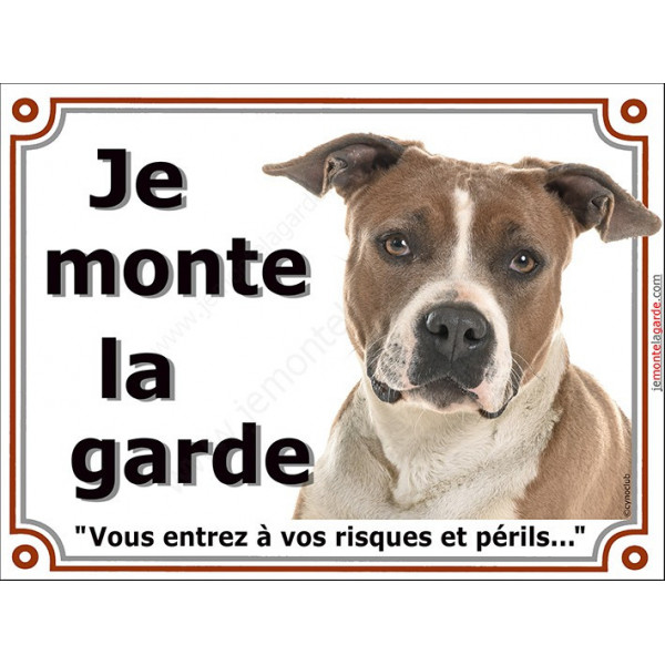 Amstaff Fauve et Blanc Tête, plaque portail "Je Monte la Garde risques périls" pancarte panneau photo pancarte attention chien 