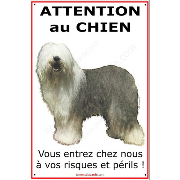 Bobtail, Pancarte Portail Verticale, attention au chien, panneau plaque affiche risques et périls