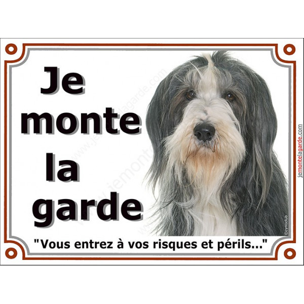 Bearded Collie noir et blanc Tête, plaque portail "Je Monte la Garde, risques et périls" panneau pancarte, colley barbu photo
