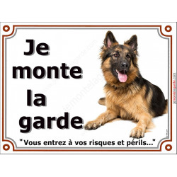 Berger Allemand Poils Longs Couché, Plaque "Je Monte la Garde, risques périls" panneau photo, entier pancarte attention au chien