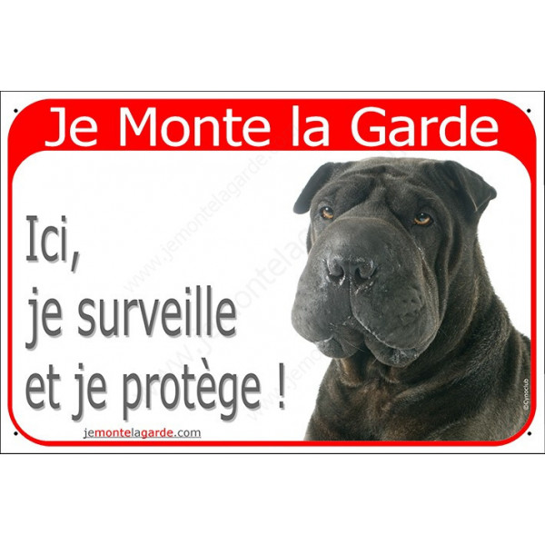 Shar-Peï noir, plaque portail rouge "Je Monte la Garde, surveille protège" pancarte panneau attention au chien photo sharpei