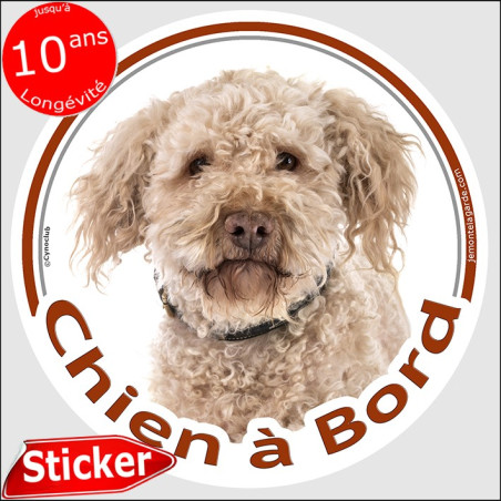 Lagotto Romagnolo, sticker autocollant rond "Chien à Bord" disque adhésif voiture vitre, Chien d'Eau Romagnol, résiste pluie sol