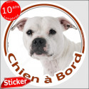 Staffie blanc, sticker rond "Chien à Bord" 15 cm, adhésif voiture