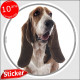 Basset Hound, sticker autocollant rond "photo" 15 cm intérieur/Extérieur adhésif résistant intempéries