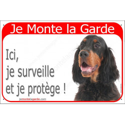 Setter Gordon noir et feu, plaque portail rouge "Je Monte la Garde, surveille protège" pancarte panneau Attention au Chien photo