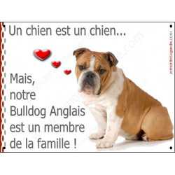 Bulldog Anglais Assis, Plaque Portail "un chien est un membre de la famille" pancarte photo affiche panneau