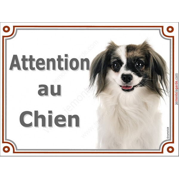 Plaque LUXE Attention au Chien, Epagneul Continental Phalène Tête, pancarte panneau Phallène