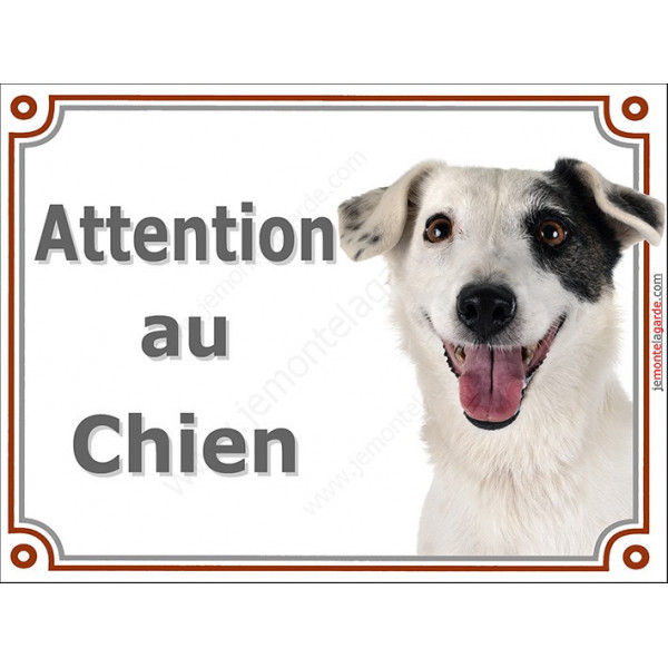 Plaque portail Attention au Chien, Jack Russell Terrier entièrement blanc avec coquard noir Tête, pancarte panneau