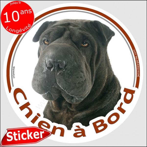 Shar-Peï noir, sticker autocollant rond "Chien à Bord" Disque adhésif vitre sharpei voiture photo