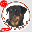 Rottweiler, sticker autocollant rond "Chien à Bord" 15 cm, adhésif voiture