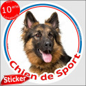 Berger Allemand poils longs, sticker rond "Chien de Sport" 15 cm résitant intempéries