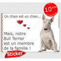 Bull Terrier blanc assis, sticker "Love" 16 x 11 cm, intérieur/Extérieur