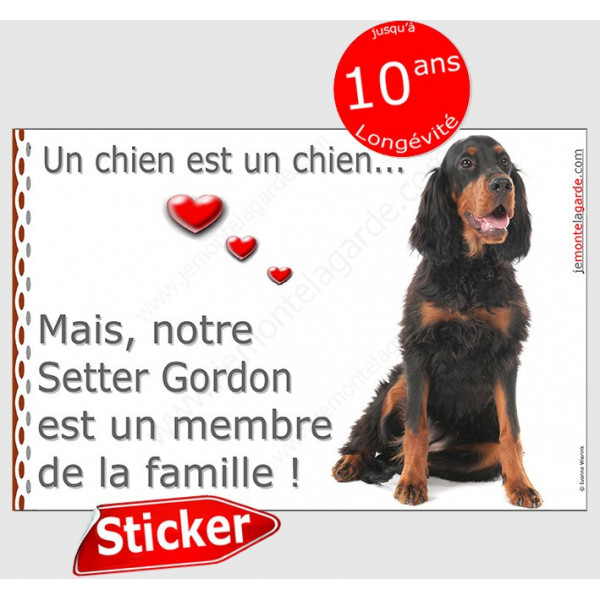 Setter Gordon assis, panneau sticker autocollant "Love, membre famille" intérieur/Extérieur idée cadeau adhésif noir et feu phot