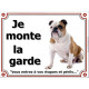Bulldog Anglais Cocard Assis, Plaque portail "Je Monte la Garde, risques périls" panneau affiche pancarte photo bouledogue