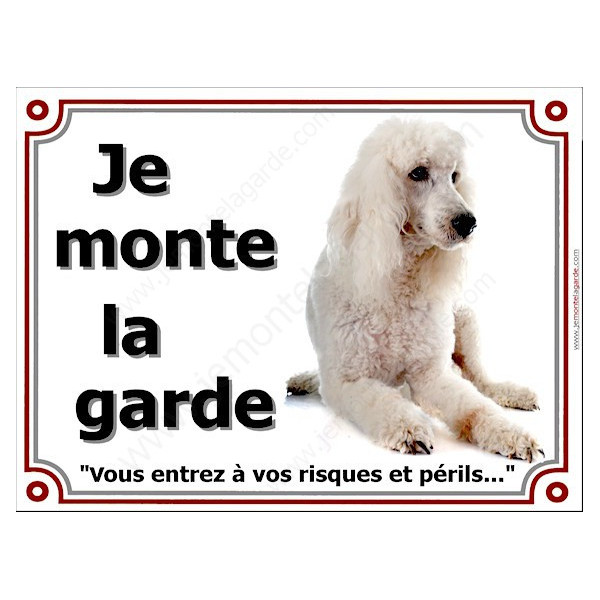 Caniche Blanc Couchéplaque portail "Je Monte la Garde, risques périls" pancarte panneau photo affiche