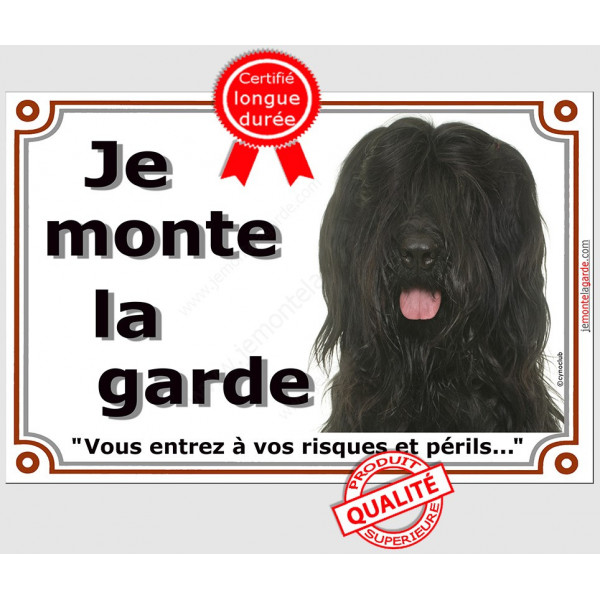 Briard Noir Tête, Plaque portail "Je Monte la Garde, risques périls" panneau photo pancarte, Berger de Brie attention au chien