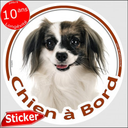 Papillon Phalène, sticker rond "Chien à Bord" 15 cm