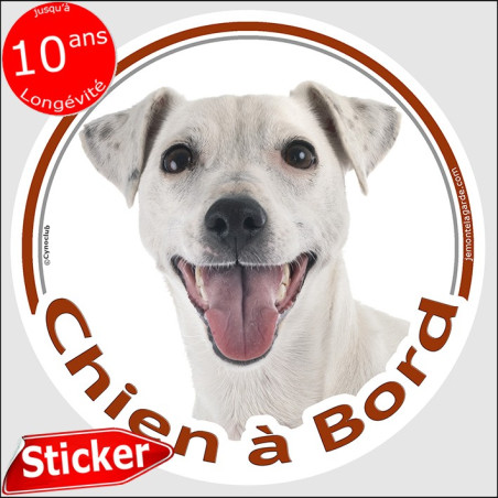 Jack Russell Terrier tout blanc, sticker voiture rond "Chien à Bord" 2 tailles E