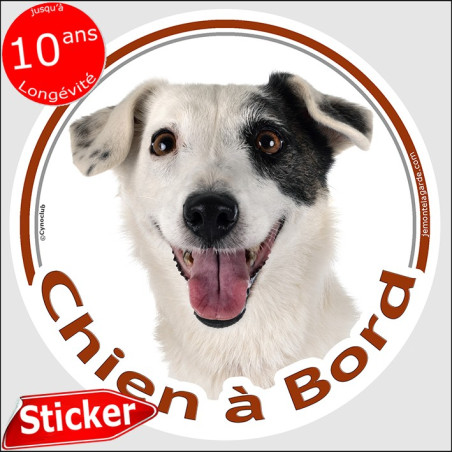Jack Russell Terrier tout blanc avec un cocard noir, sticker autocollant rond "Chien à Bord" Disque adhésif photo voiture, résis