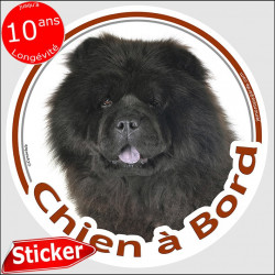 Chow-Chow noir, sticker autocollant rond "Chien à Bord" 15 cm, adhésif photo vitre voiture