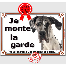 Plaque portail, photo Dogue Allemand Arlequin "Je Monte la Garde, vous entrez à vos risques et périls" Attention au Chien Danois