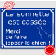 Plaque ou sticker bleu humour "La sonnette est cassée, merci de faire japper le chien !" 16 cm