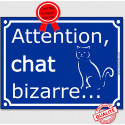 Plaque ou sticker portail bleu humour "Attention au Chat Bizarre", 16 cm C