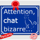 Plaque portail bleu humour "Attention au Chat Bizarre", 16 cm, panneau drole étrange pancarte