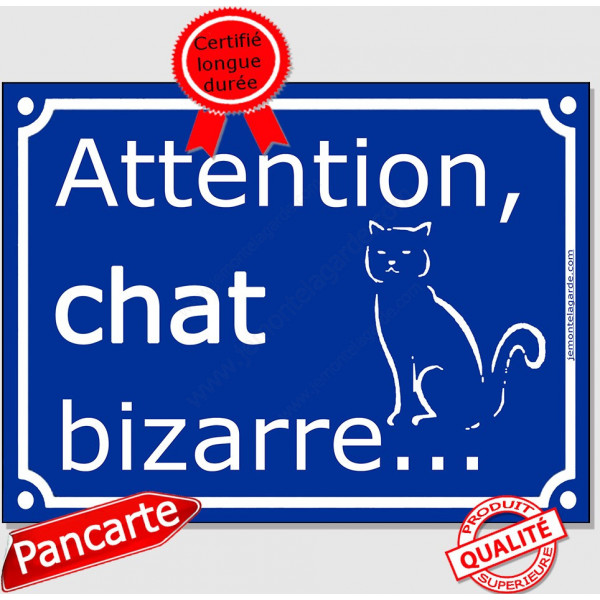 Plaque portail bleu humour "Attention au Chat Bizarre", 16 cm, panneau drole étrange pancarte