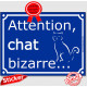 Sticker autocollant portail bleu humour "Attention au Chat Bizarre", 16 cm, adhésif drôle étrange