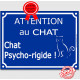 Plaque ou sticker portail bleu humour "Attention au Chat Psycho-rigide", 16 cm, pancarte drôle panneau fou furieux