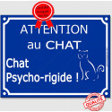 Plaque ou sticker portail bleu "Attention au Chat Psycho-rigide", 16 cm
