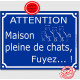 Plaque ou sticker portail bleu humour extérieurs "Attention, Maison pleine de chats, fuyez !", 16 cm pluriel panneau drôle