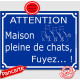 Plaque ou sticker portail bleu humour extérieurs "Attention, Maison pleine de chats, fuyez !", 16 cm pluriel panneau drôle