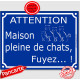 Plaque portail bleu humour "Attention, Maison pleine de chats, fuyez !", 16 cm pluriel panneau drôle pancarte