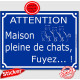 Plaque ou sticker portail bleu humour extérieurs "Attention, Maison pleine de chats, fuyez !", 16 cm pluriel panneau drôle